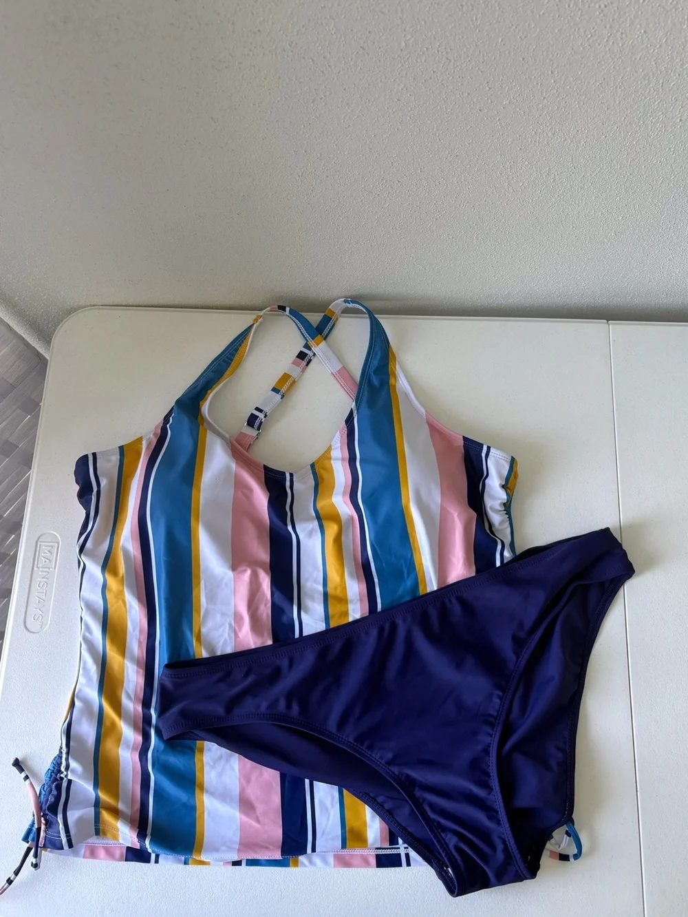 Tankini Size XL Stripe‎ Top Navy Blue Bottom Adjustable Straps Beach Pool Cruise
